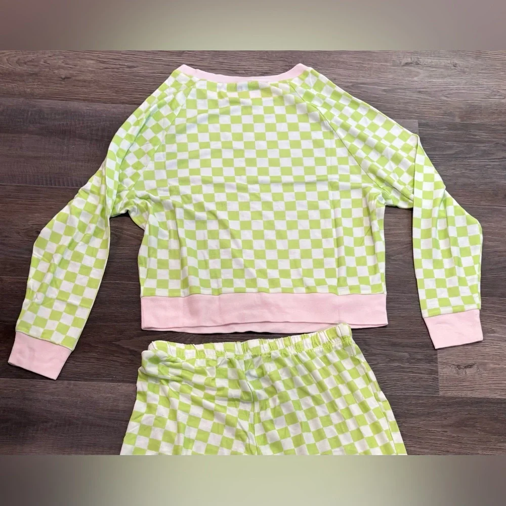 New Honeydew Womens Long Sleeve Check Pajama Shirt Pants Set Green White Size XS